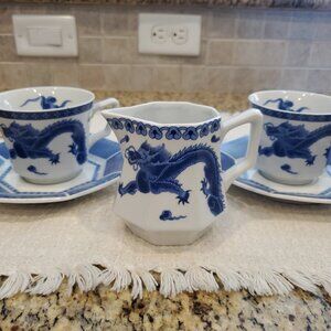 2 Ming Toscany Fine China Creamer Cups Saucers Octagon Dragon Blue White Japan